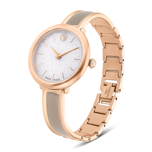 Crystalline bangle watch, Swiss Made, Metal bracelet, Beige, Rose gold-tone finish 5709814