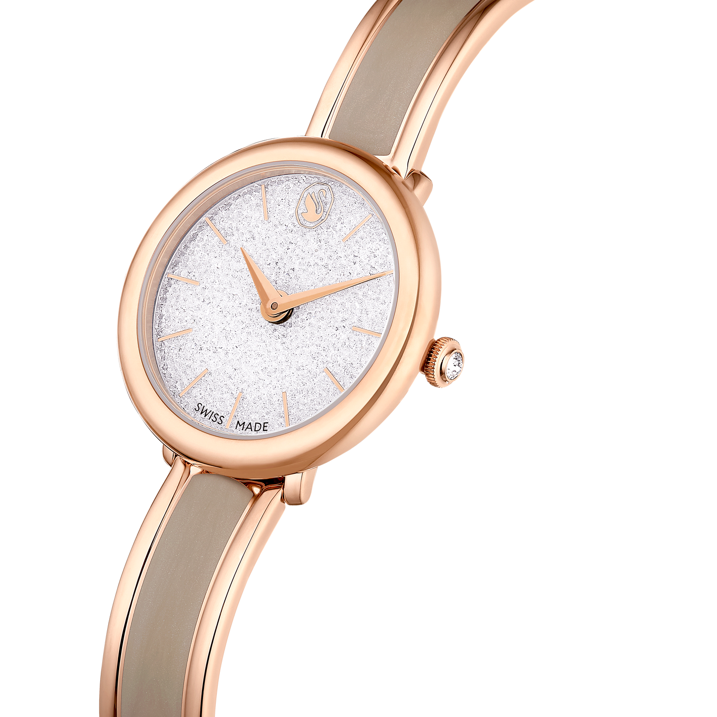Crystalline bangle watch, Swiss Made, Metal bracelet, Beige, Rose gold-tone finish 5709814