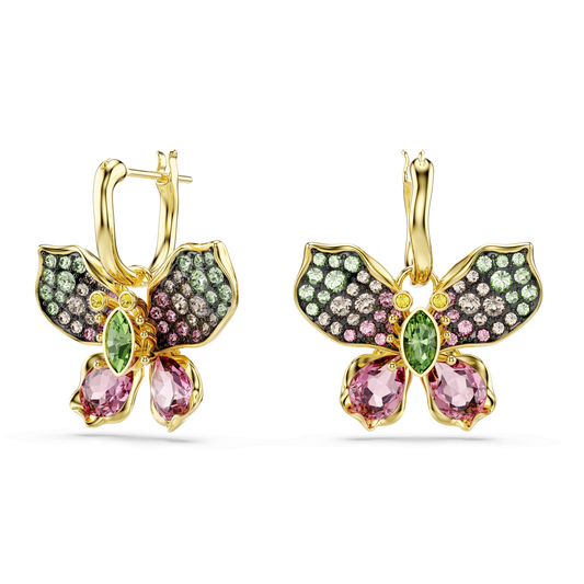 Idyllia drop earrings, Mixed cuts, Pavé, Butterfly, Multicolored, Gold-tone plated 5709953