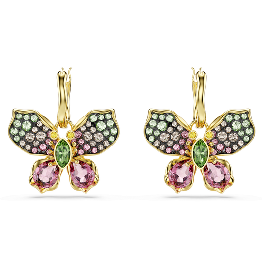 Idyllia drop earrings, Mixed cuts, Pavé, Butterfly, Multicolored, Gold-tone plated 5709953