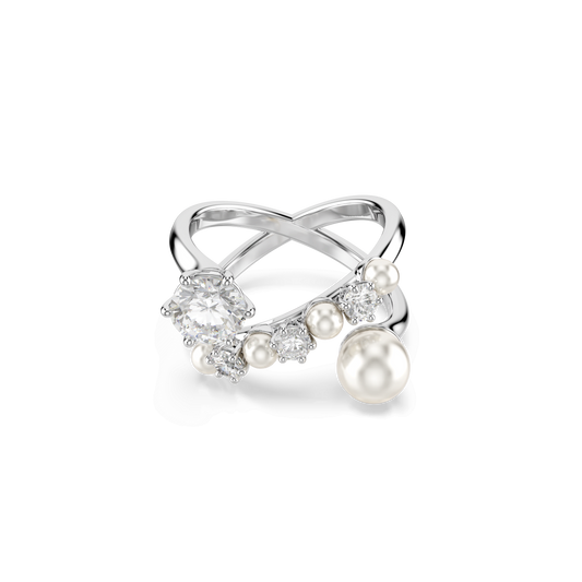 Matrix cocktail ring, Crystal pearl, Round cut, White, Rhodium plated 5714377