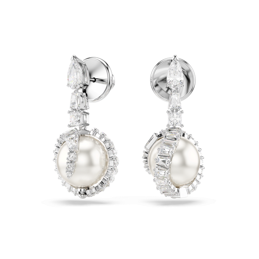 Snake drop earrings, Crystal pearl, Mixed cuts, Year of the Snake, White, Rhodium plated 5714668