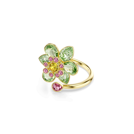 Idyllia open ring, Mixed cuts, Flower, Green, Gold-tone plated 5720297