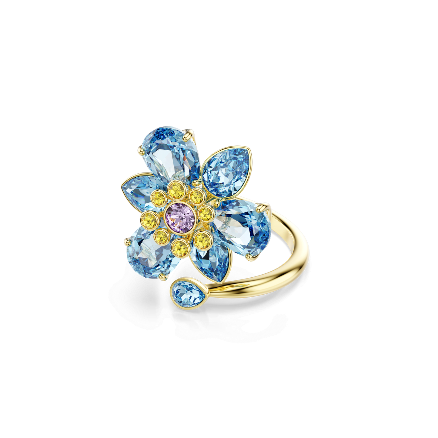 Idyllia open ring, Mixed cuts, Flower, Blue, Gold-tone plated 5721591