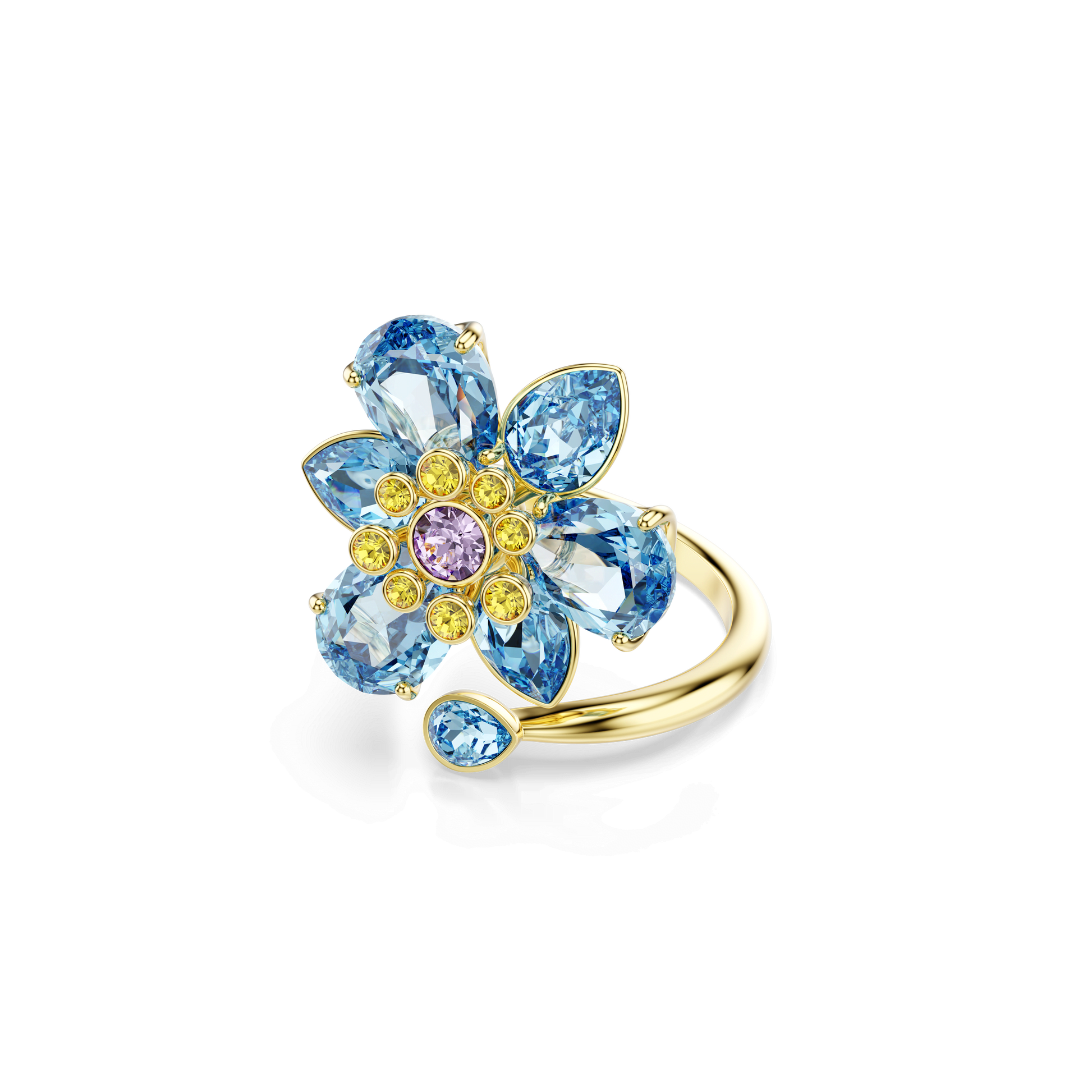 Idyllia open ring, Mixed cuts, Flower, Blue, Gold-tone plated 5721591