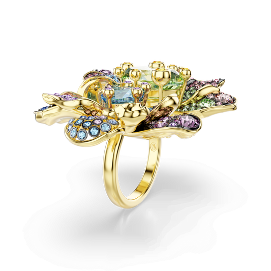 Idyllia ring, Mixed cuts, Pavé, Flower, Multicolored, Gold-tone plated 5721593