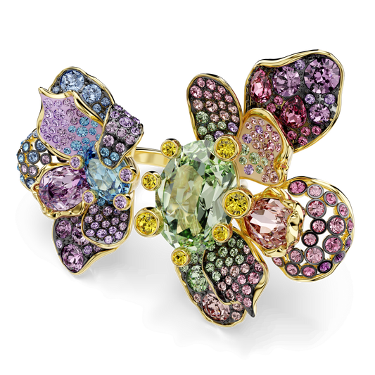 Idyllia ring, Mixed cuts, Pavé, Flower, Multicolored, Gold-tone plated 5721594