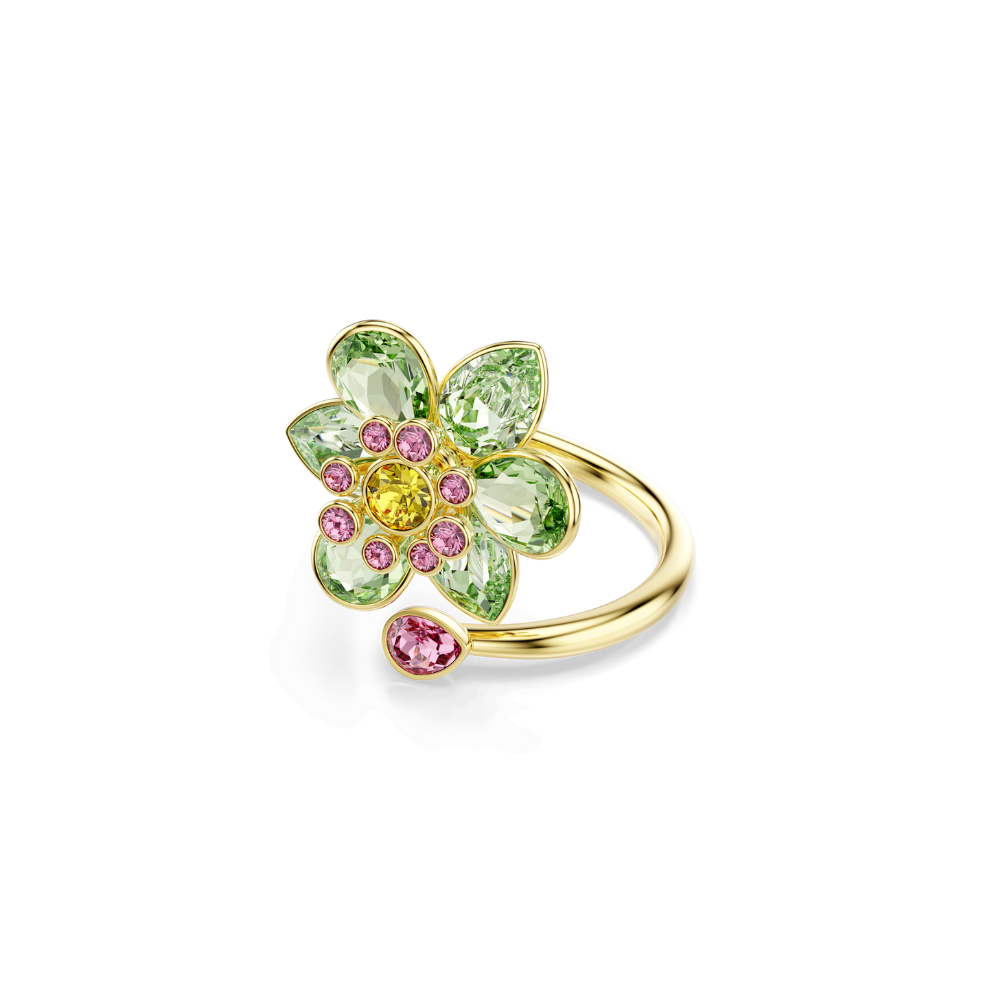 Idyllia open ring, Mixed cuts, Flower, Green, Gold-tone plated 5721596