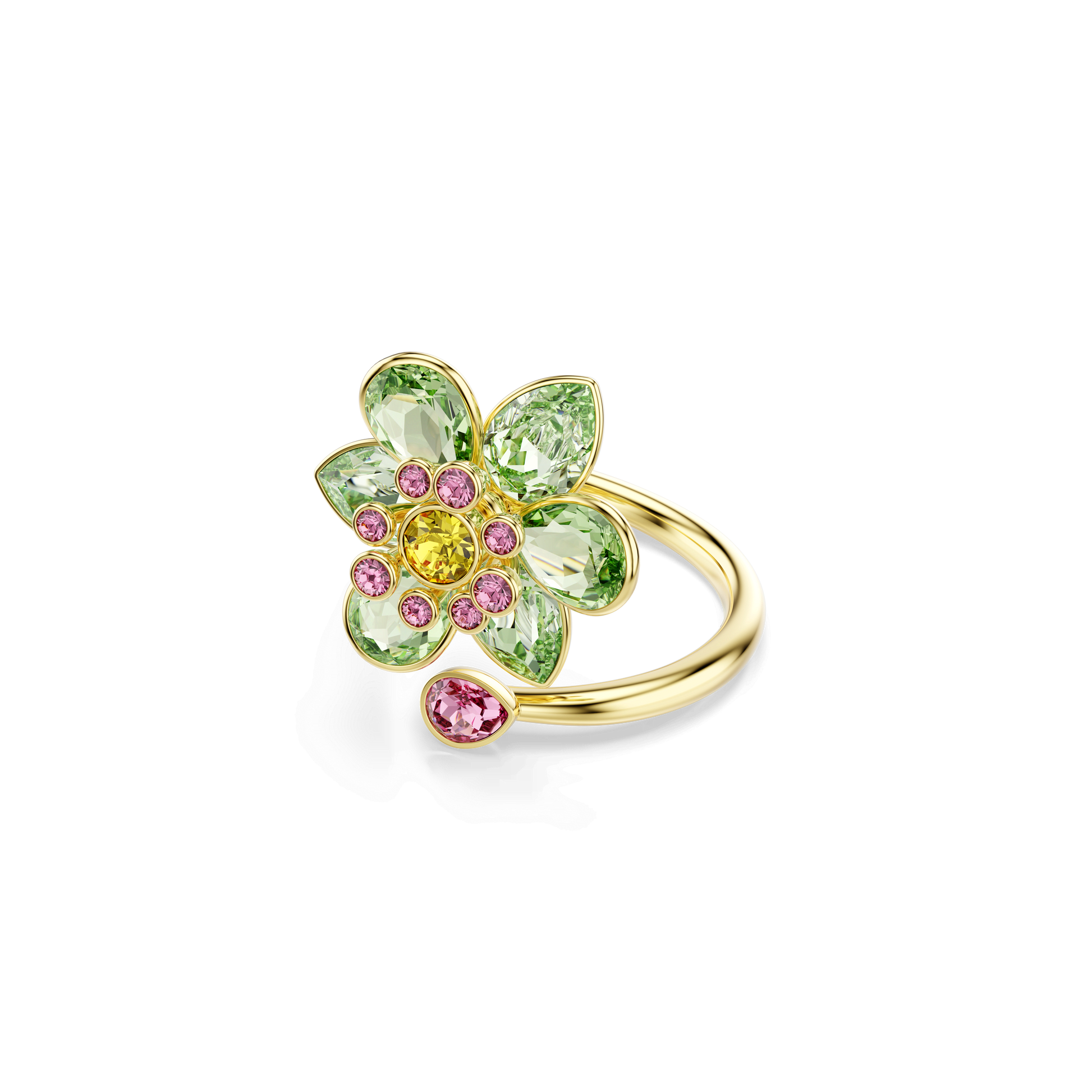 Idyllia open ring, Mixed cuts, Flower, Green, Gold-tone plated 5721596