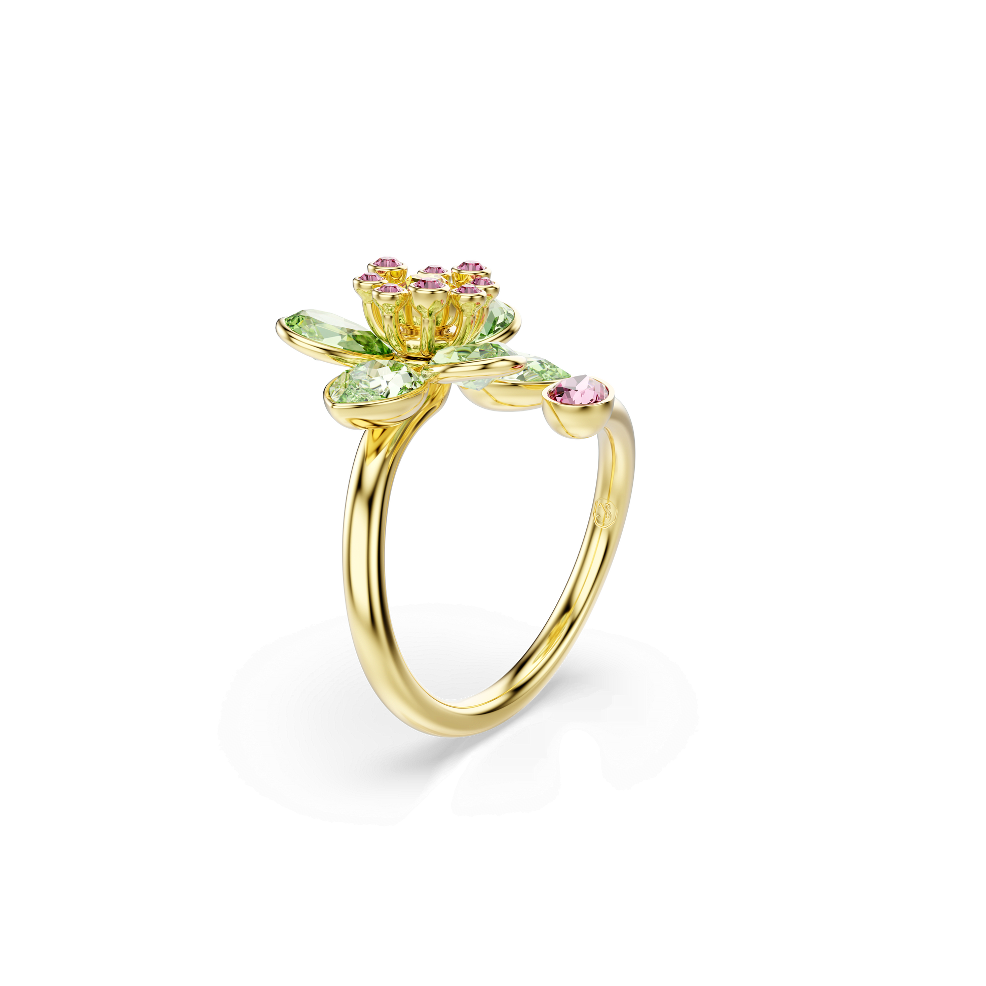 Idyllia open ring, Mixed cuts, Flower, Green, Gold-tone plated 5721596