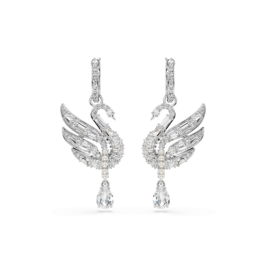 Swan earrings, Swan, White, Rhodium plated 5723388