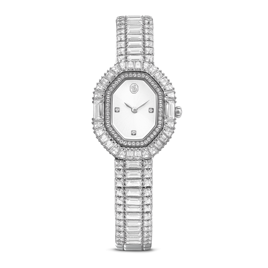 Matrix pearl bangle watch, Swiss Made, Crystal bracelet, White, Stainless steel 5724516