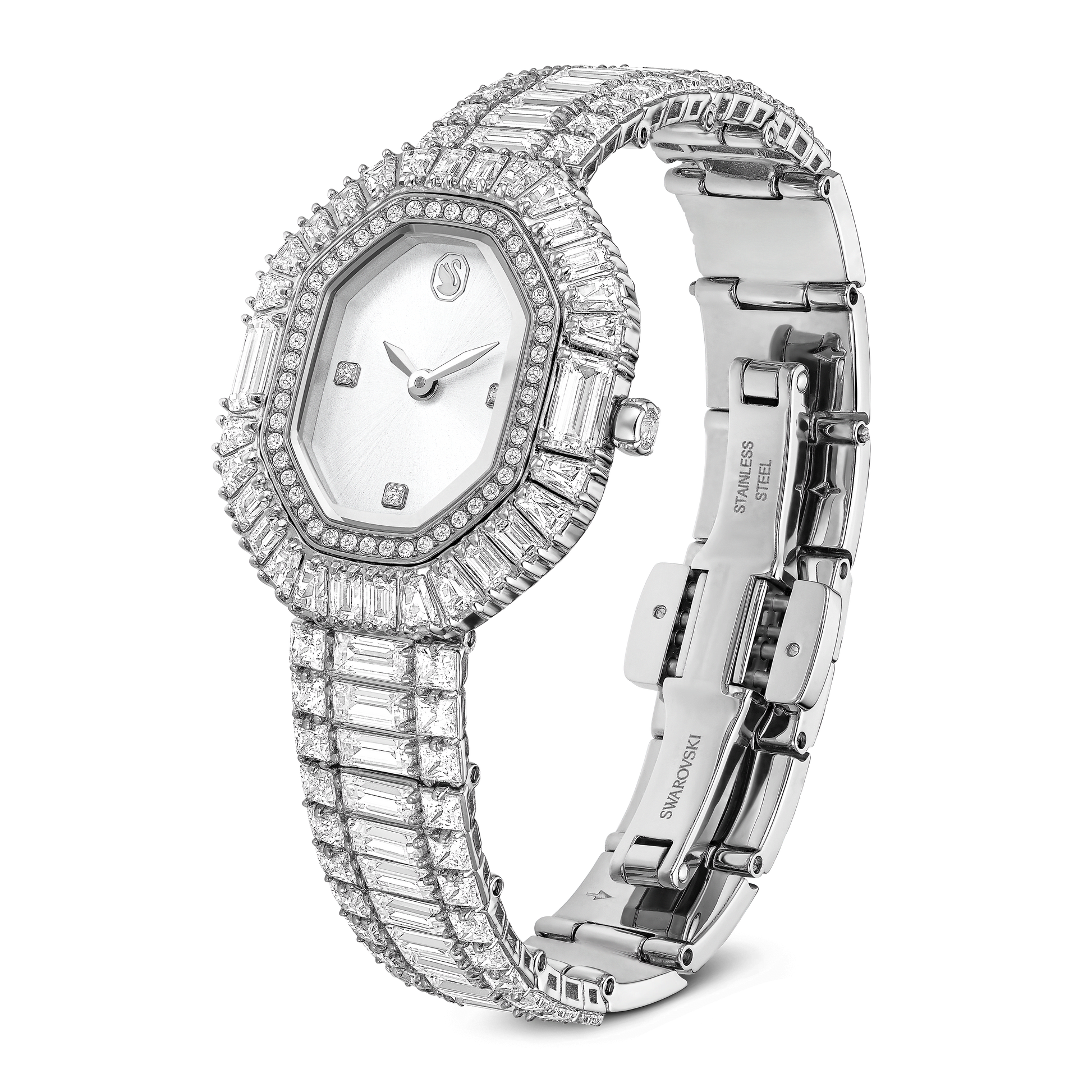 Matrix pearl bangle watch, Swiss Made, Crystal bracelet, White, Stainless steel 5724516