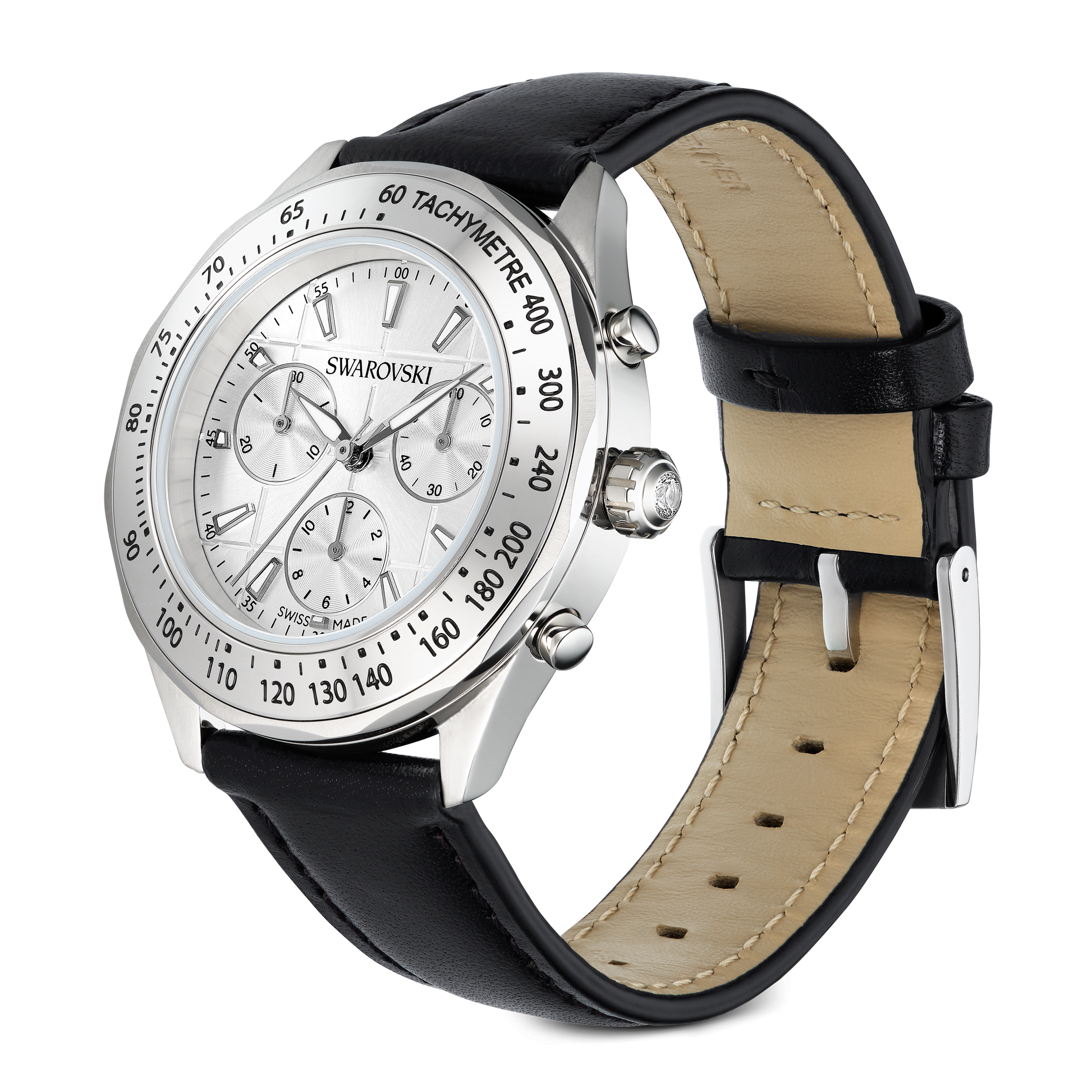 Dextera tachymetre watch, Swiss Made, Leather strap, Silver tone, Stainless steel 5728378