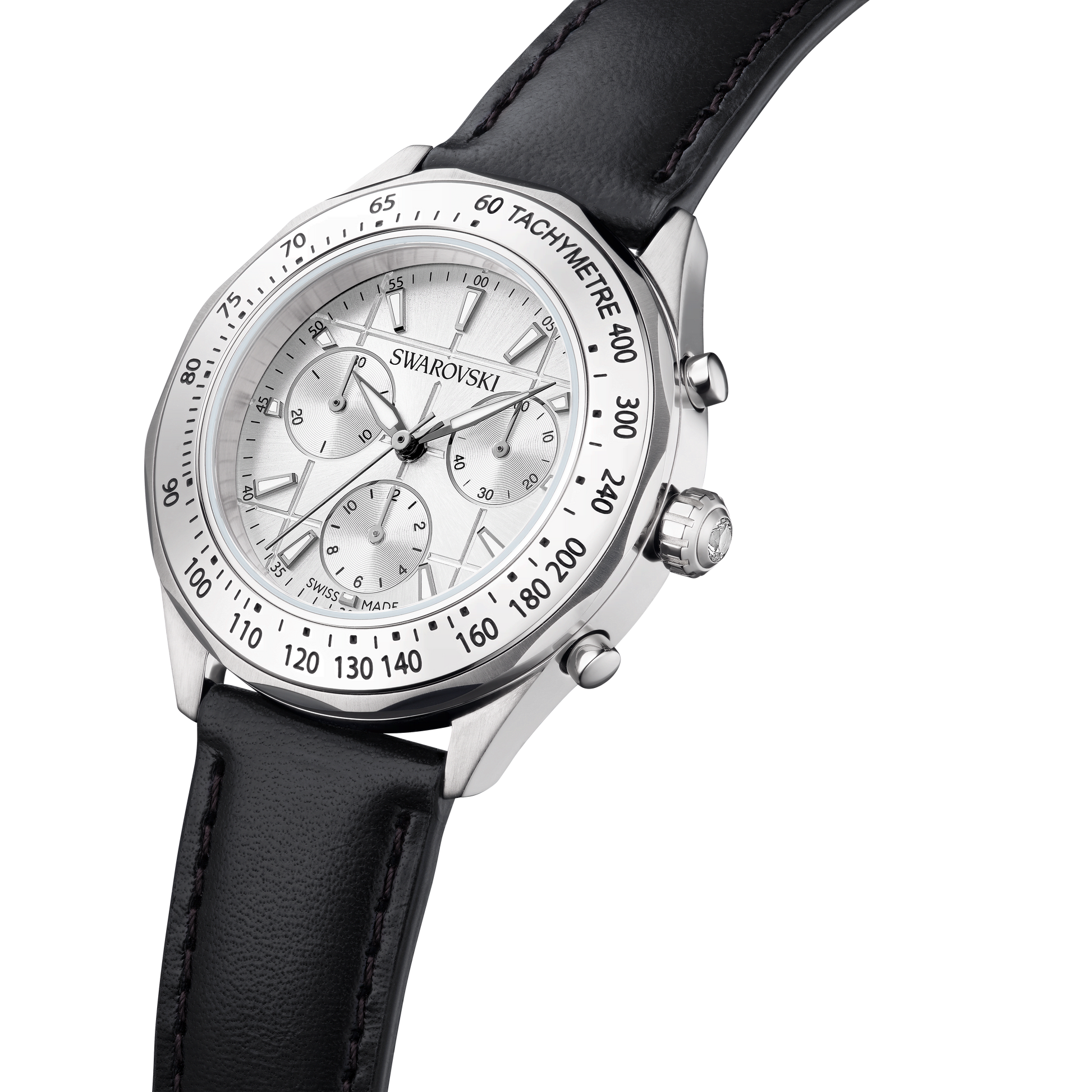 Dextera tachymetre watch, Swiss Made, Leather strap, Silver tone, Stainless steel 5728378