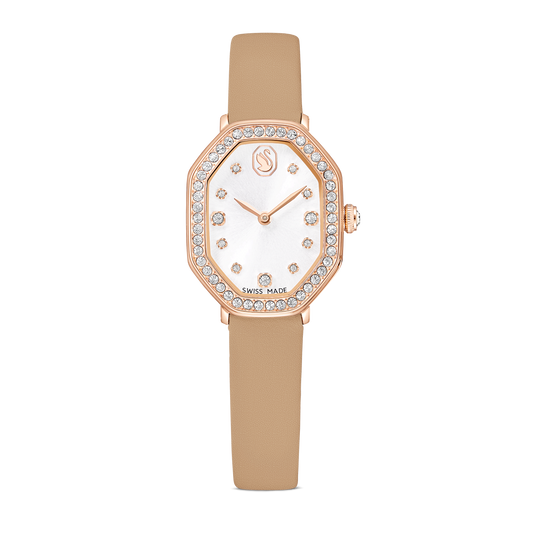 Dextera octagon watch, Swiss Made, Leather strap, Brown, Rose gold-tone finish 5730184