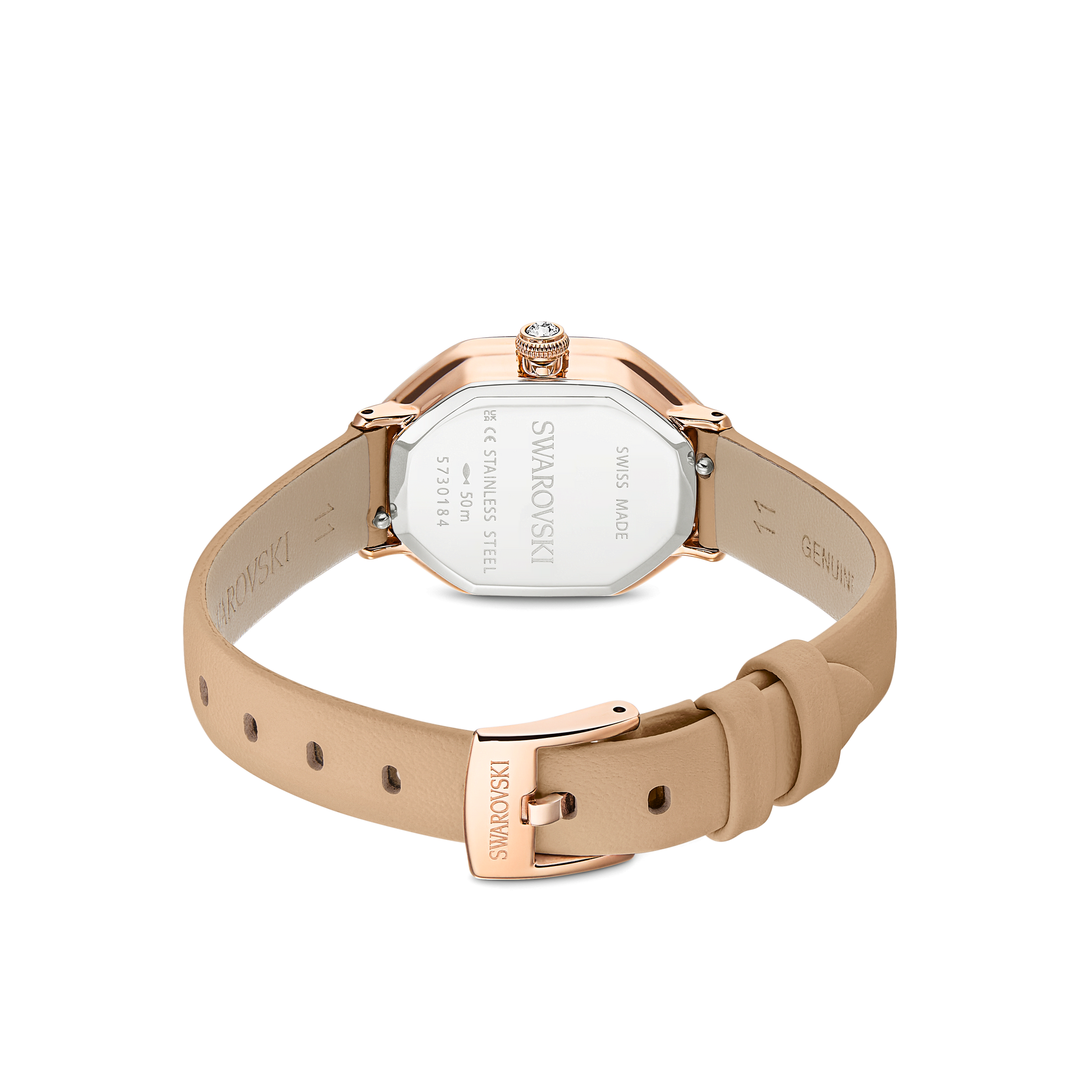Dextera octagon watch, Swiss Made, Leather strap, Brown, Rose gold-tone finish 5730184