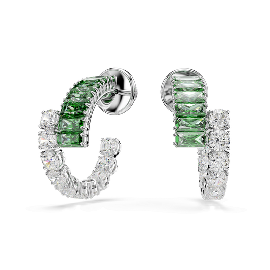 Matrix hoop earrings, Mixed cuts, Green, Rhodium plated 5732264