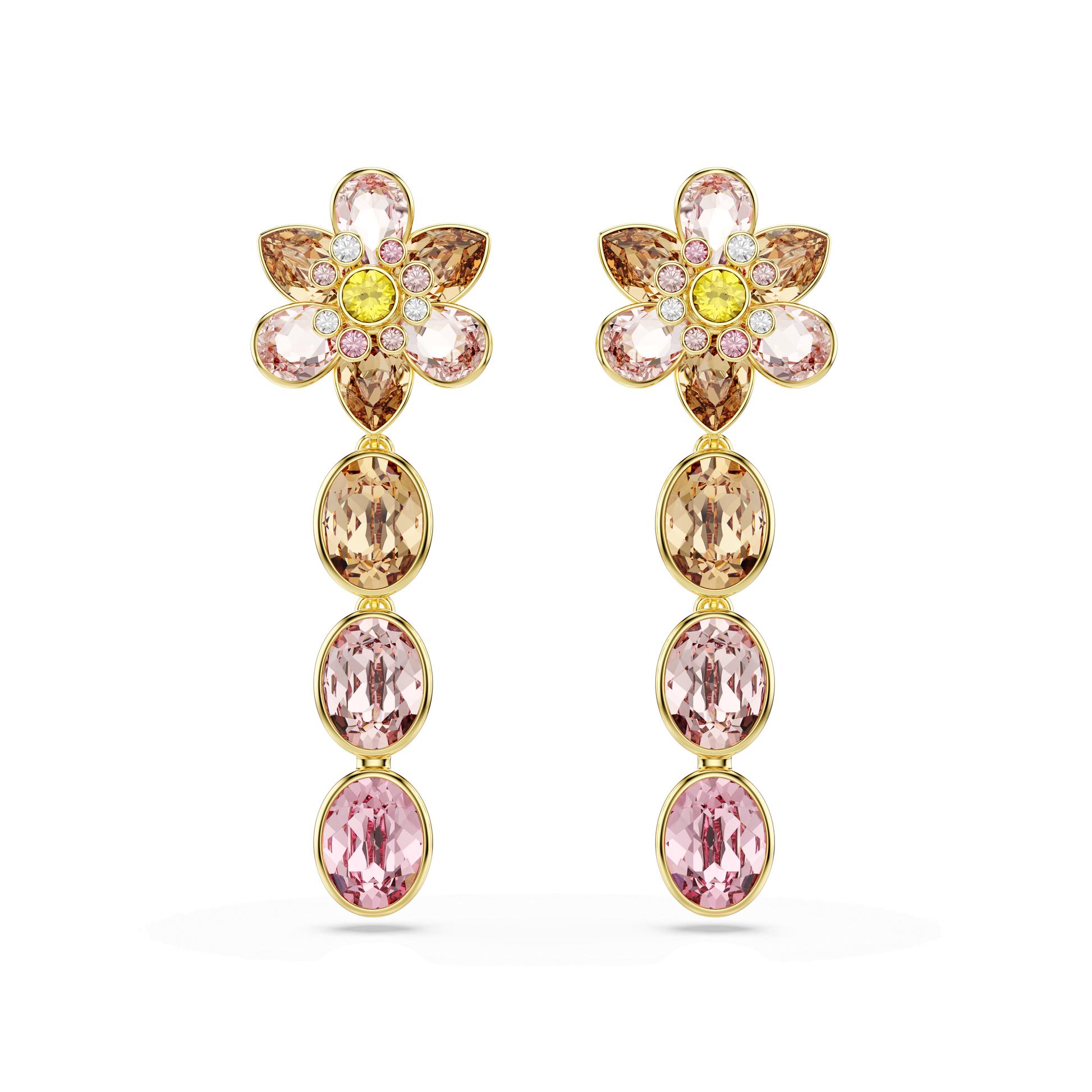 Idyllia drop earrings, Mixed cuts, Flower, Multicolored, Gold-tone plated 5732381