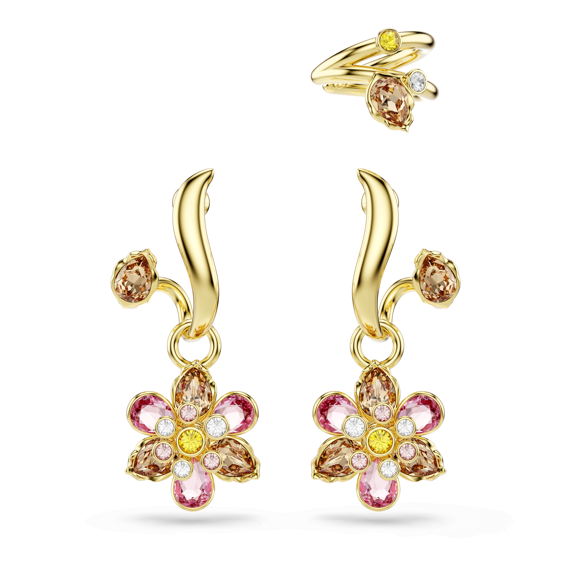 Idyllia earrings, Set (3), Mixed cuts, Flower, Multicolored, Gold-tone plated 5732386