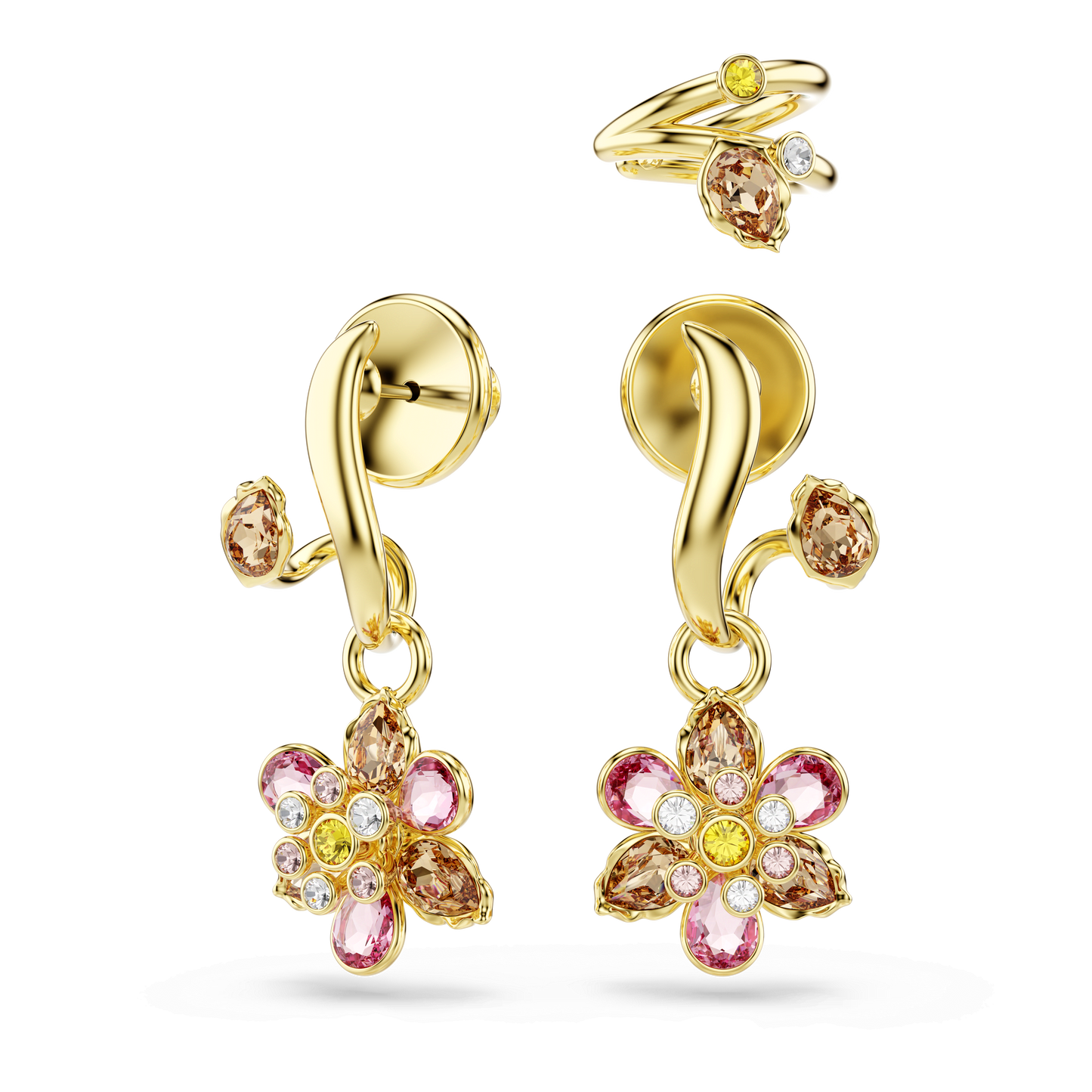 Idyllia earrings, Set (3), Mixed cuts, Flower, Multicolored, Gold-tone plated 5732386