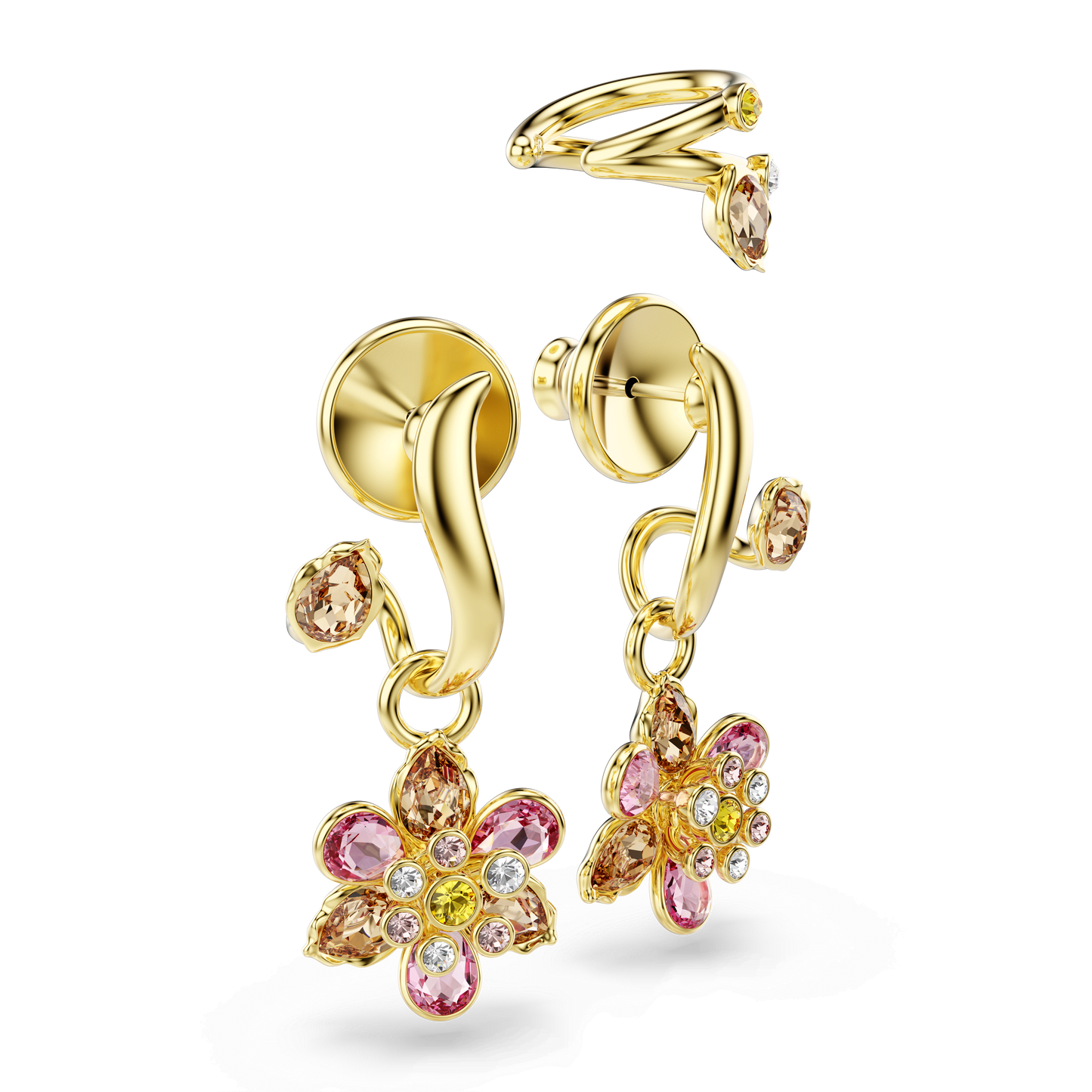 Idyllia earrings, Set (3), Mixed cuts, Flower, Multicolored, Gold-tone plated 5732386