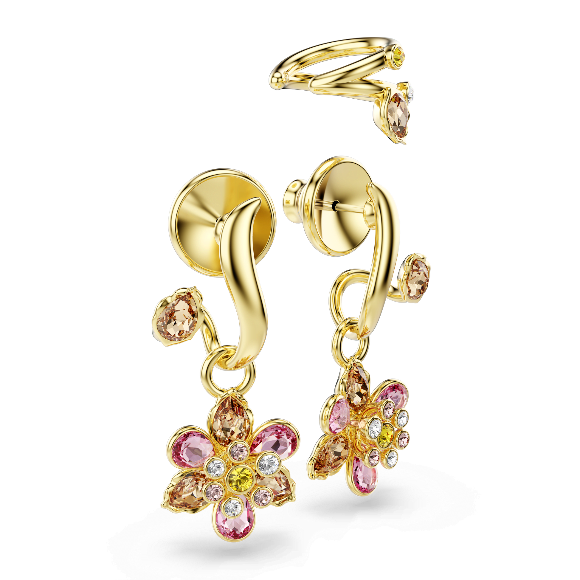 Idyllia earrings, Set (3), Mixed cuts, Flower, Multicolored, Gold-tone plated 5732386