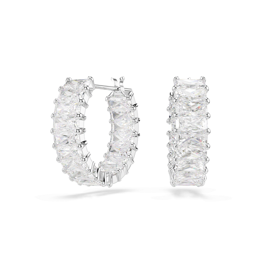 Matrix hoop earrings, Baguette cut, White, Rhodium plated 5733397