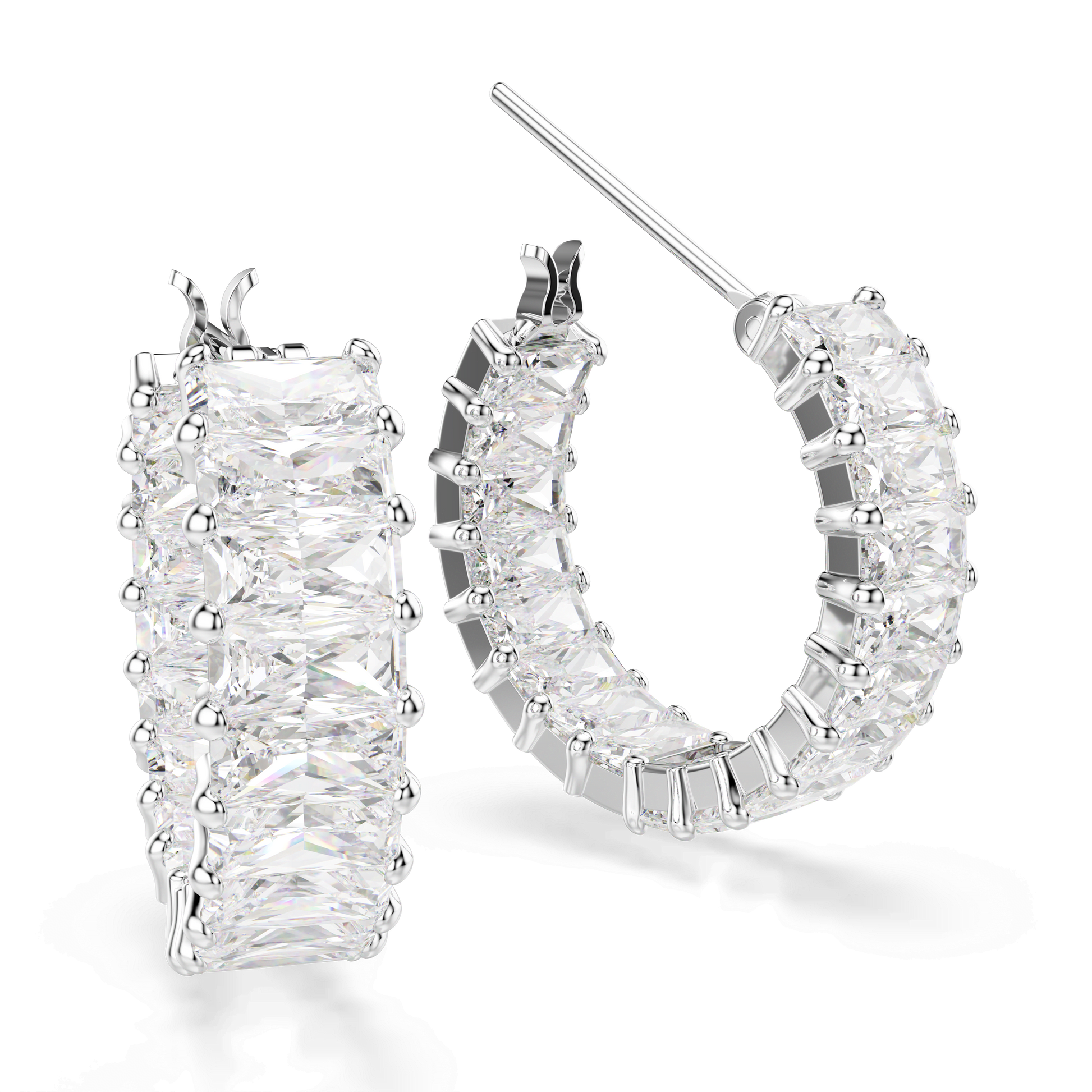 Matrix hoop earrings, Baguette cut, White, Rhodium plated 5733397