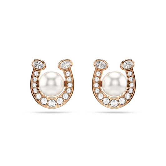 Symbolica stud earrings, Crystal pearl, Pavé, Horse shoe, White, Rose gold-tone plated 5736980