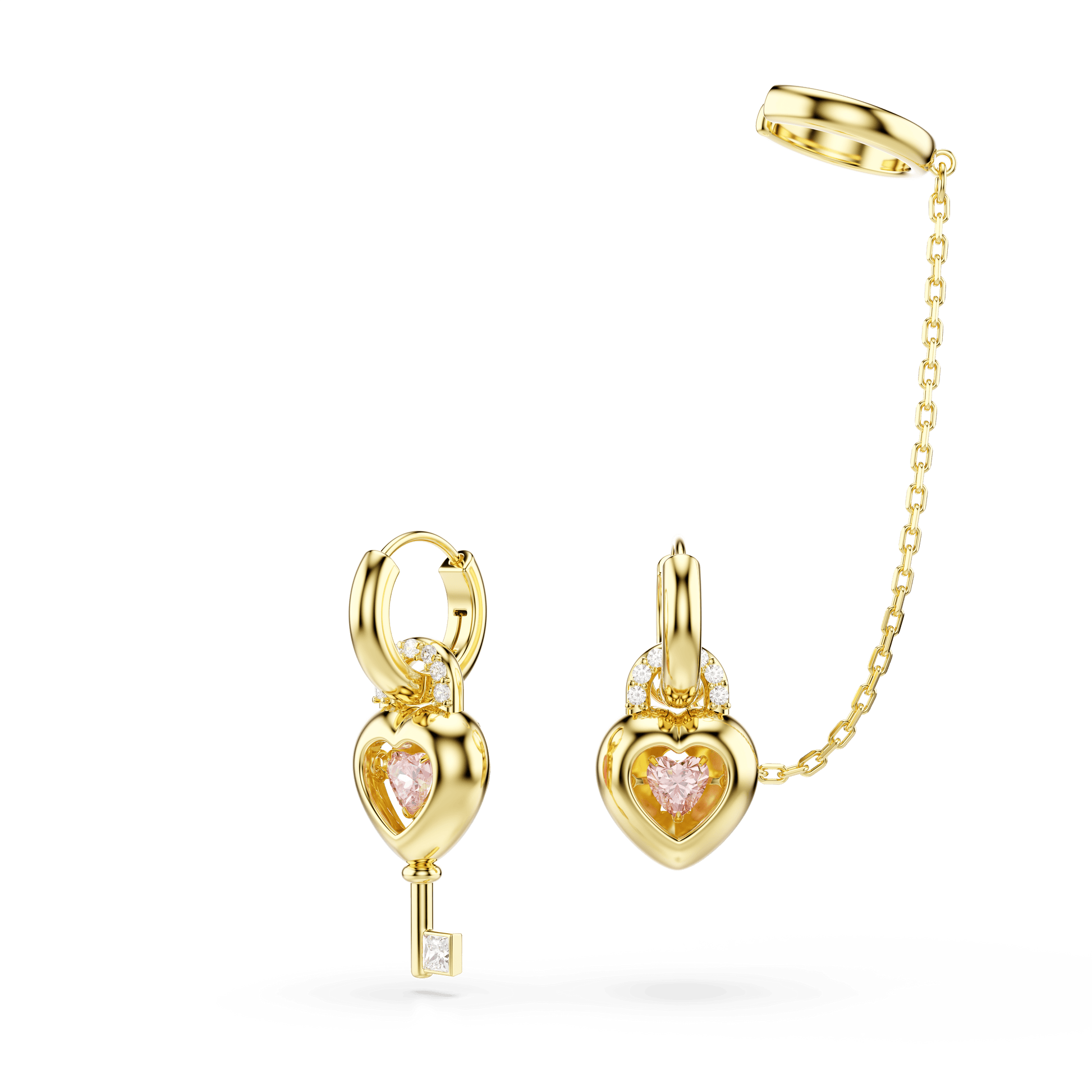 Idyllia drop earrings with ear cuff, Mixed cuts, Heart with key, Pink, Gold-tone plated 5737294