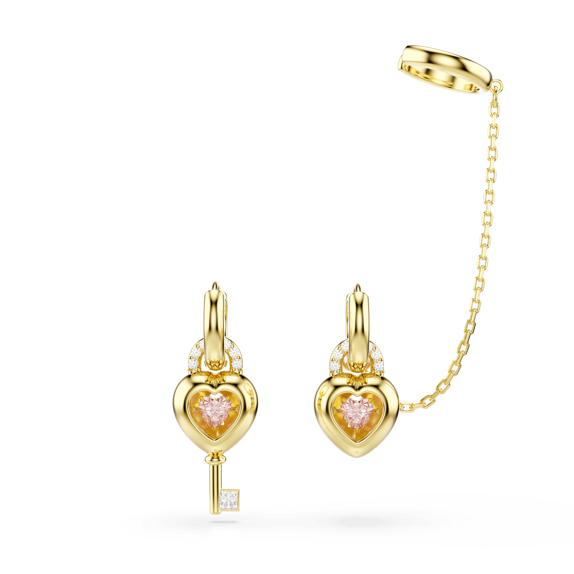 Idyllia drop earrings with ear cuff, Mixed cuts, Heart with key, Pink, Gold-tone plated 5737294