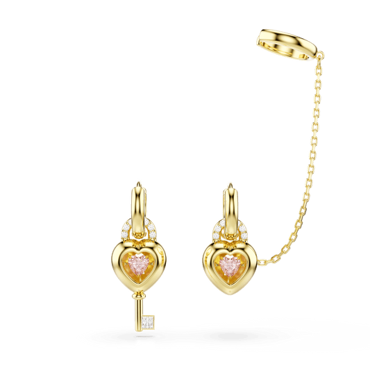 Idyllia drop earrings with ear cuff, Mixed cuts, Heart with key, Pink, Gold-tone plated 5737294