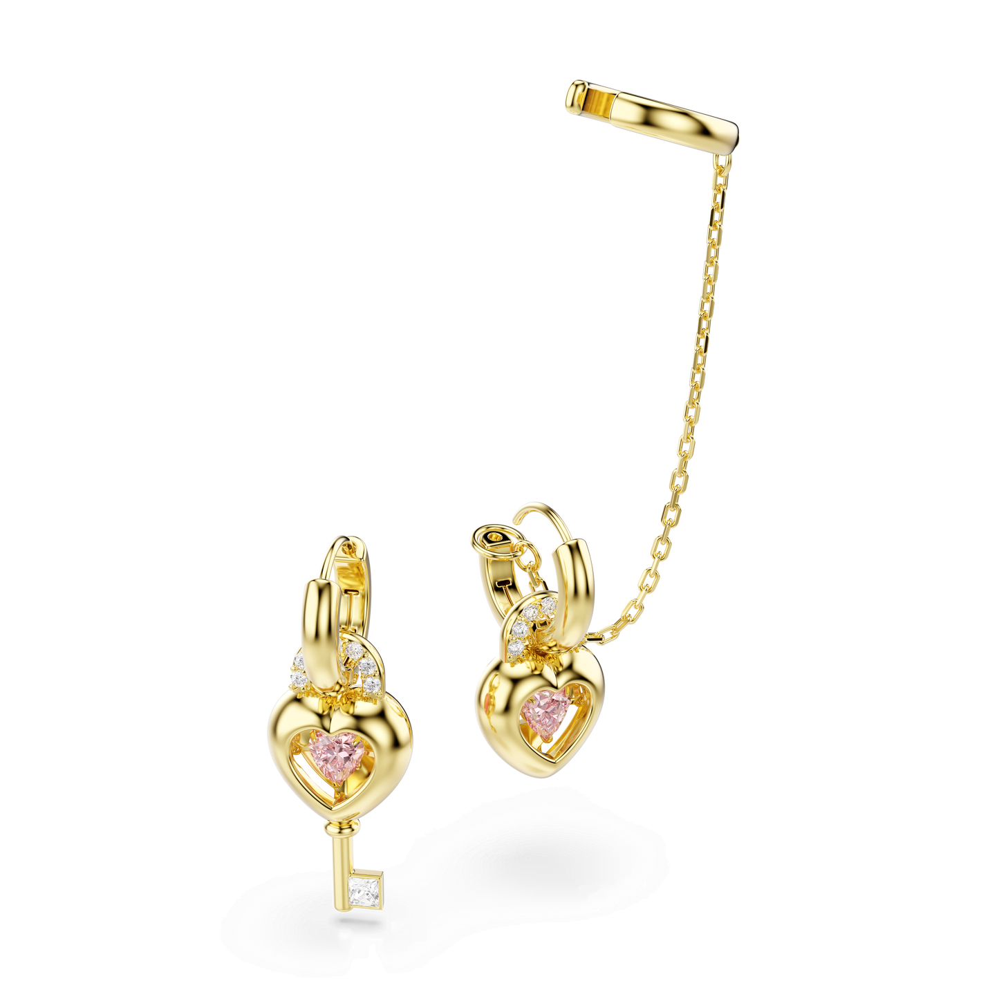 Idyllia drop earrings with ear cuff, Mixed cuts, Heart with key, Pink, Gold-tone plated 5737294
