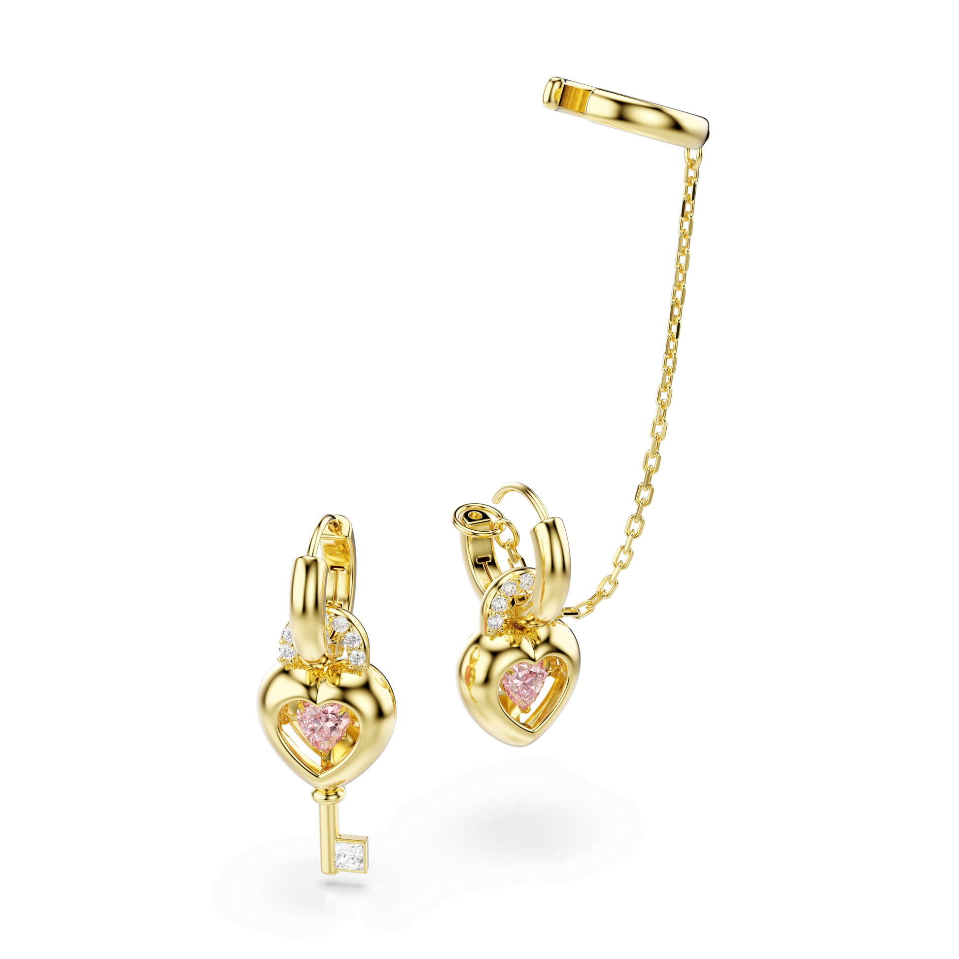 Idyllia drop earrings with ear cuff, Mixed cuts, Heart with key, Pink, Gold-tone plated 5737294