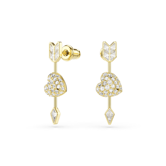 Idyllia drop earrings, Mixed cuts, Heart with arrow, White, Gold-tone plated 5737295