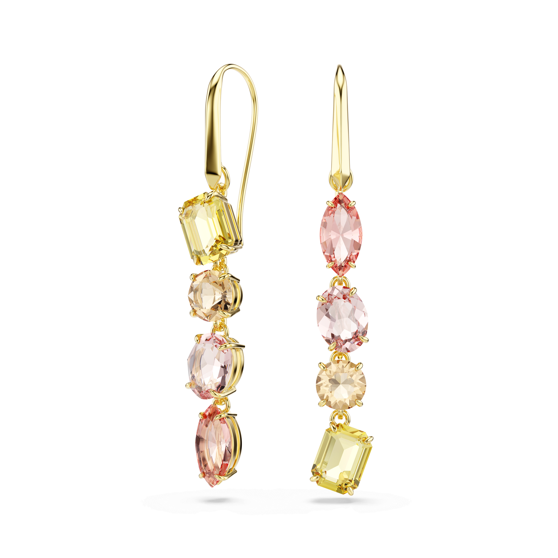 Gema drop earrings, Asymmetrical design, Mixed cuts, Pink, Gold-tone plated 5737454