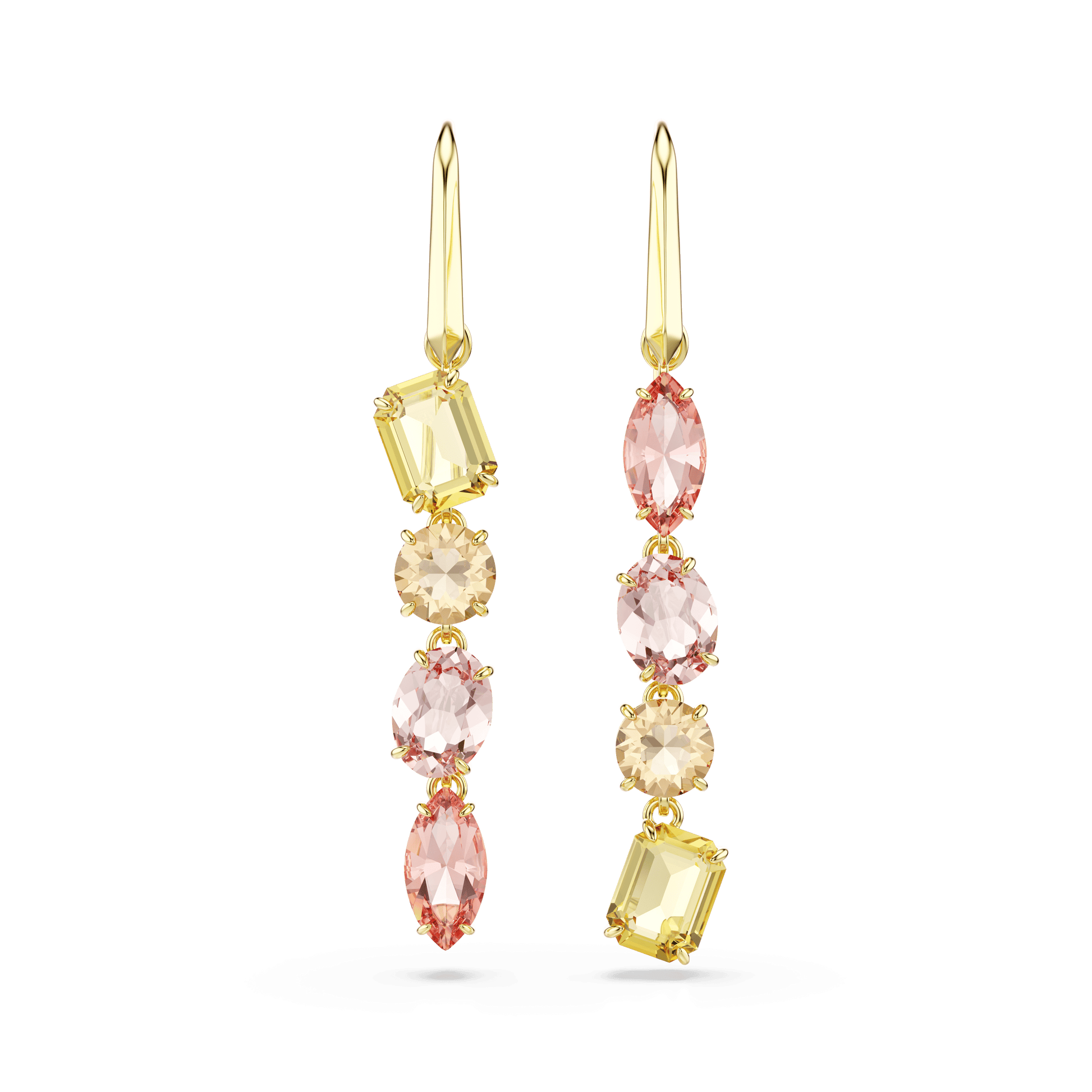 Gema drop earrings, Asymmetrical design, Mixed cuts, Pink, Gold-tone plated 5737454