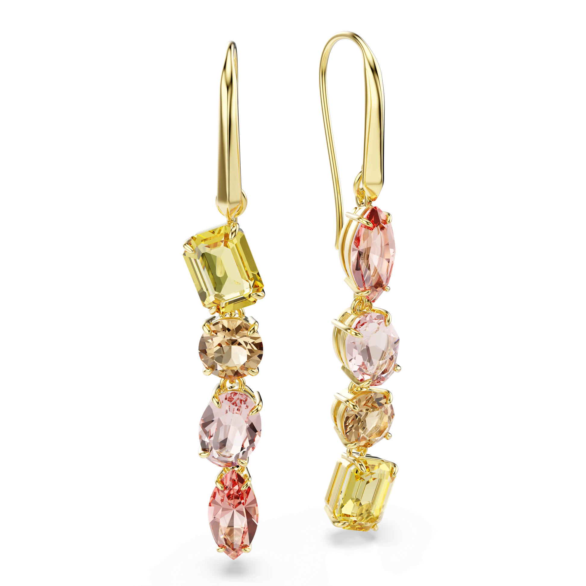 Gema drop earrings, Asymmetrical design, Mixed cuts, Pink, Gold-tone plated 5737454