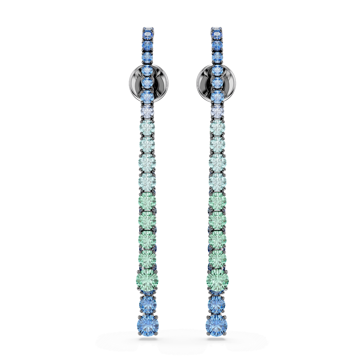 Matrix drop earrings, Gradient of round cuts, Multicolored, Ruthenium plated