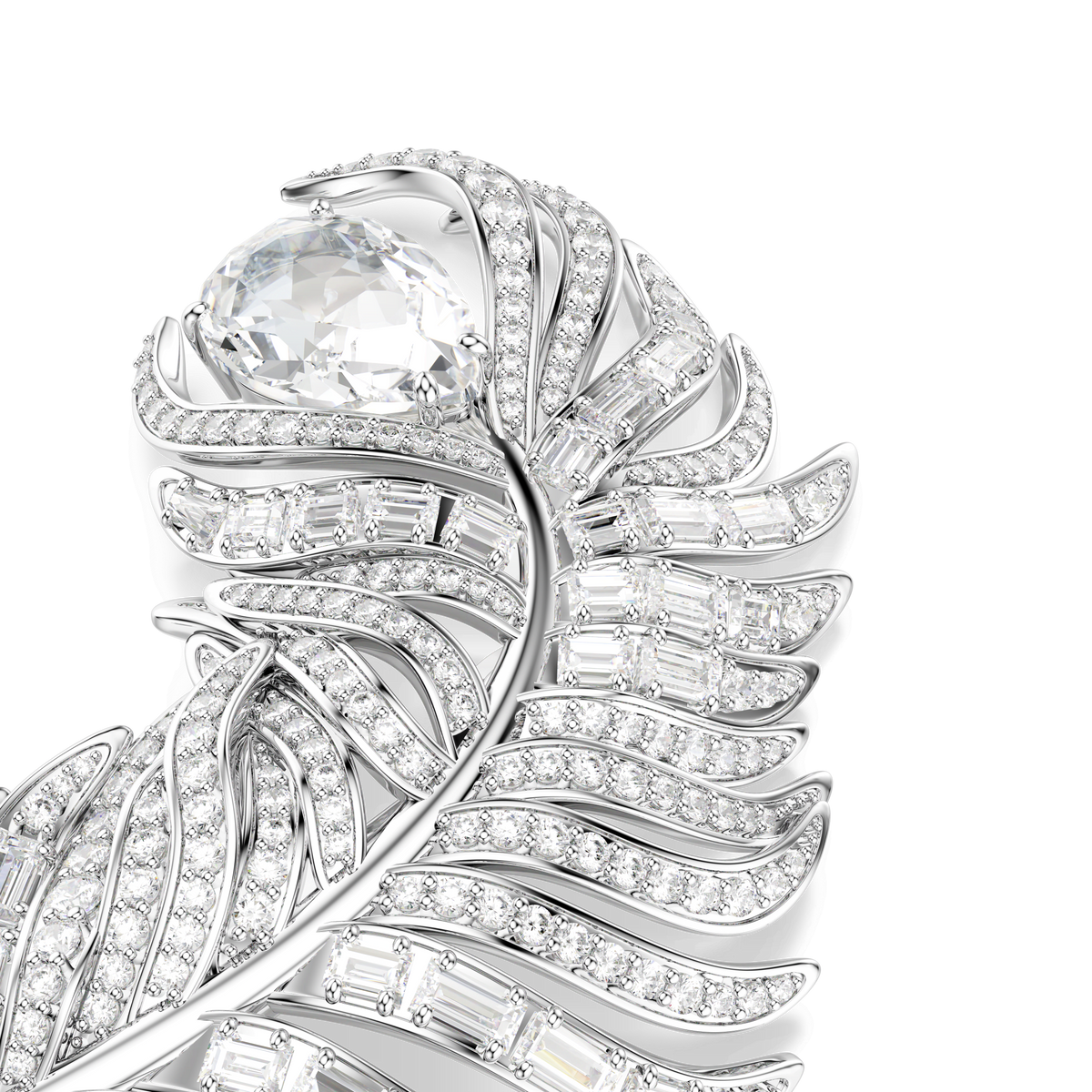 Vienna brooch, Mixed cuts, Feather, White, Rhodium plated
