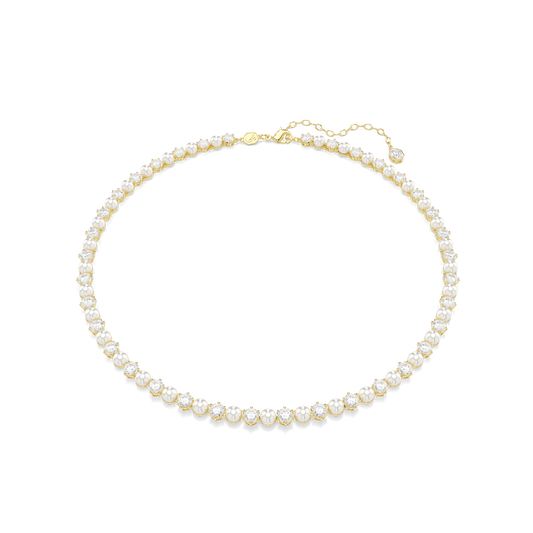 Matrix Tennis necklace, Crystal pearl, Round cut, White, Gold-tone plated 5742039