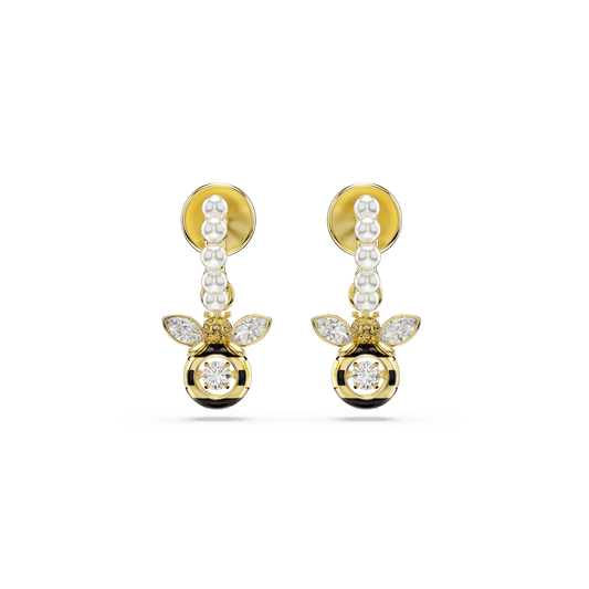 Idyllia drop earrings, Crystal pearl, Mixed cuts, Bee, Multicolored, Gold-tone plated 5742678