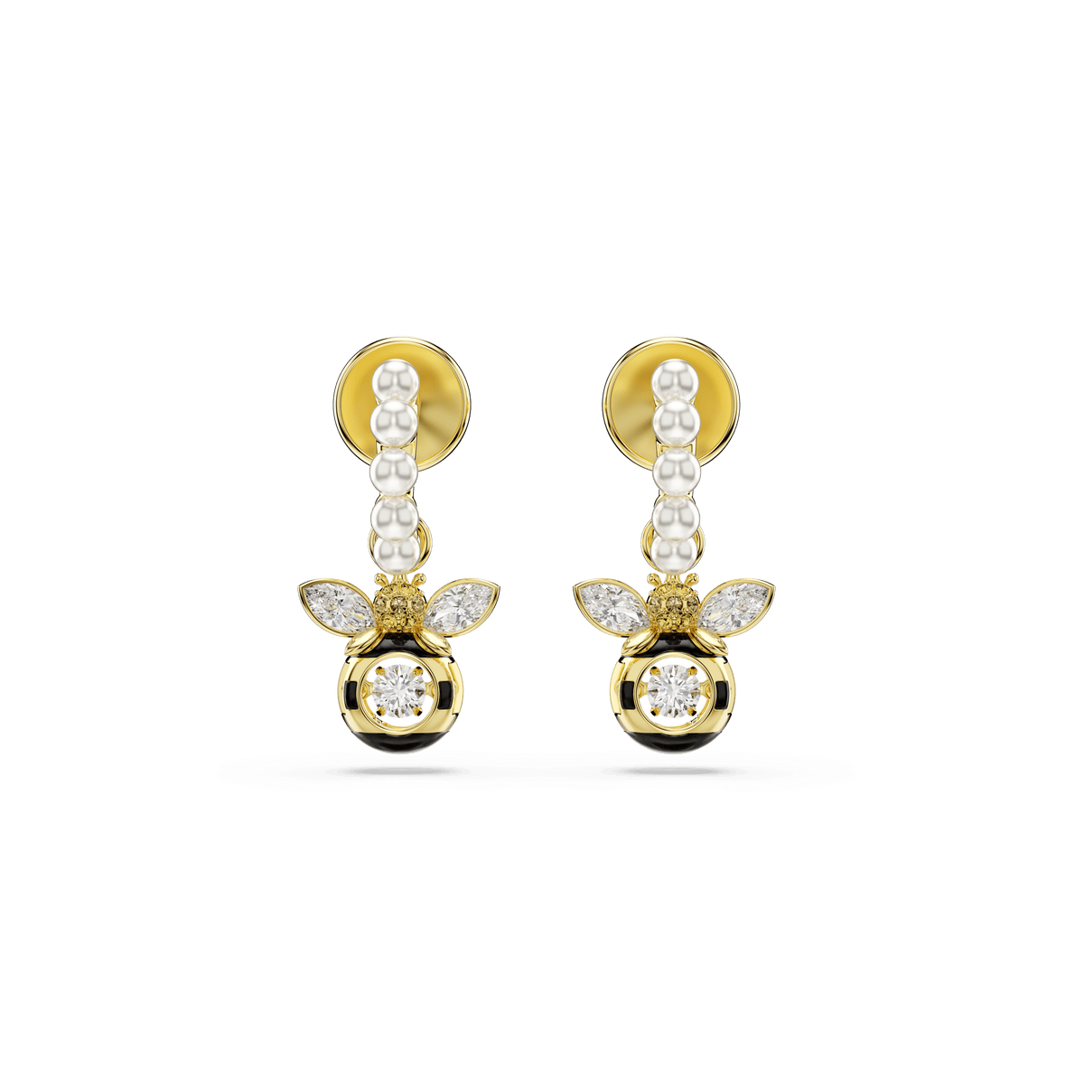 Idyllia drop earrings, Crystal pearl, Mixed cuts, Bee, Multicolored, 18K gold finish