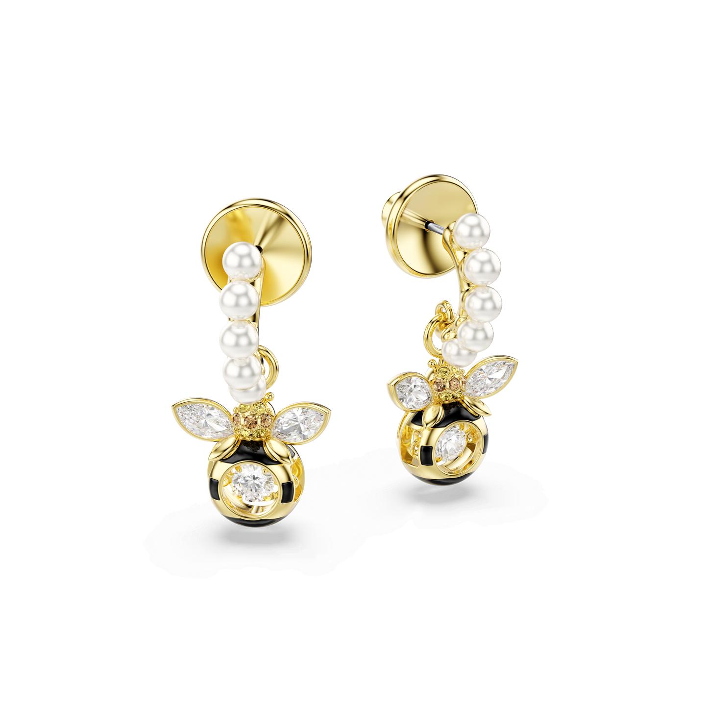 Idyllia drop earrings, Crystal pearl, Mixed cuts, Bee, Multicolored, Gold-tone plated 5742678