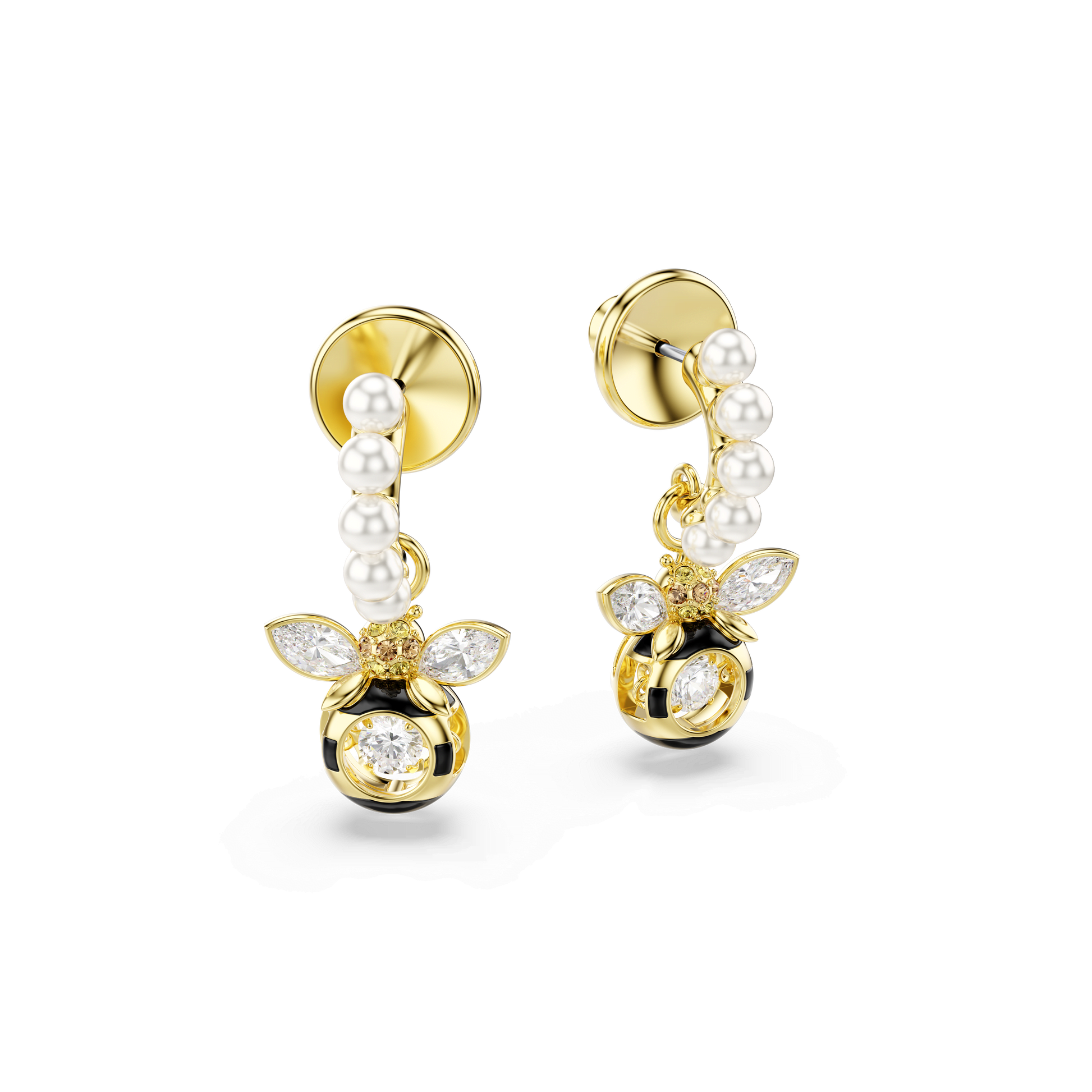 Idyllia drop earrings, Crystal pearl, Mixed cuts, Bee, Multicolored, Gold-tone plated 5742678