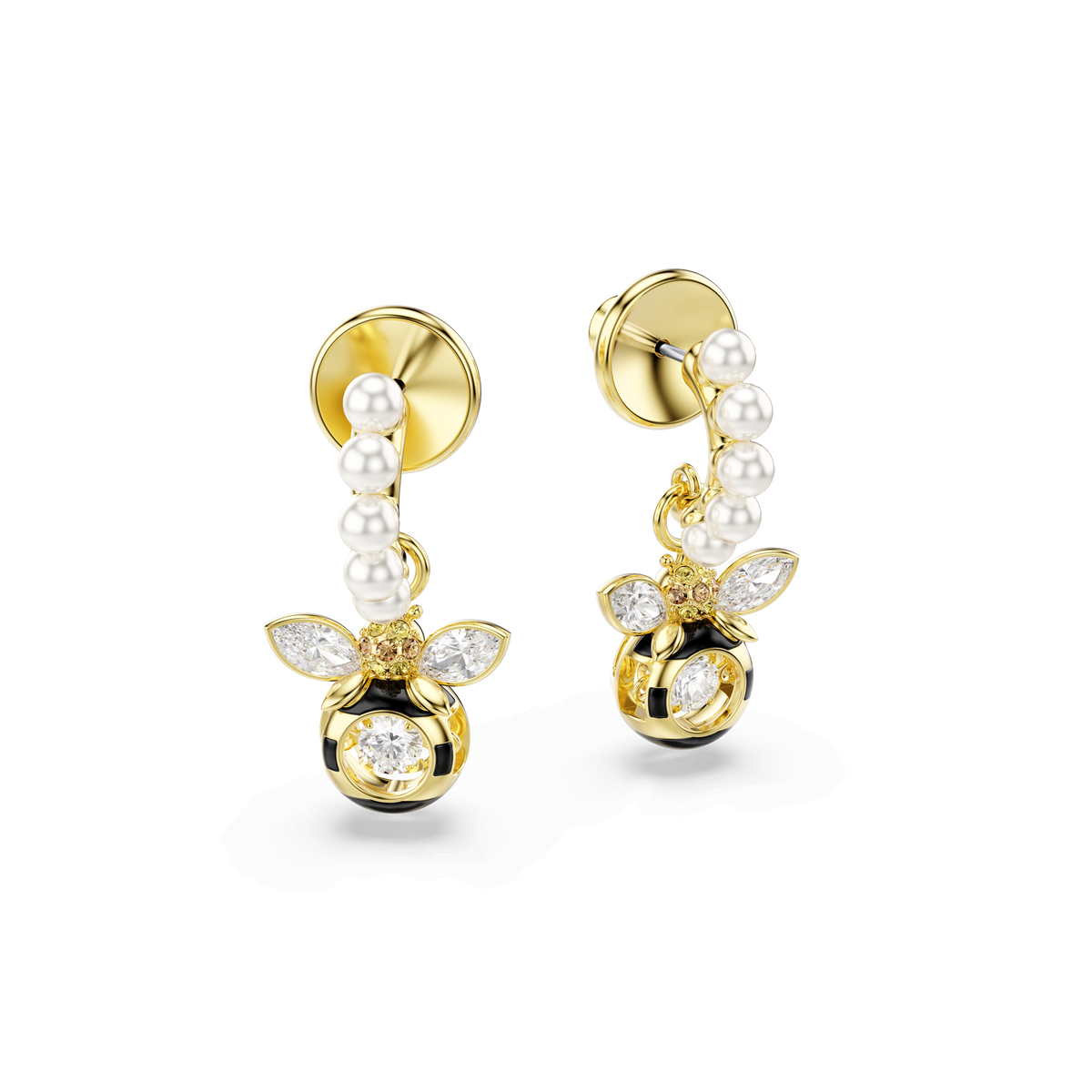 Idyllia drop earrings, Crystal pearl, Mixed cuts, Bee, Multicolored, 18K gold finish