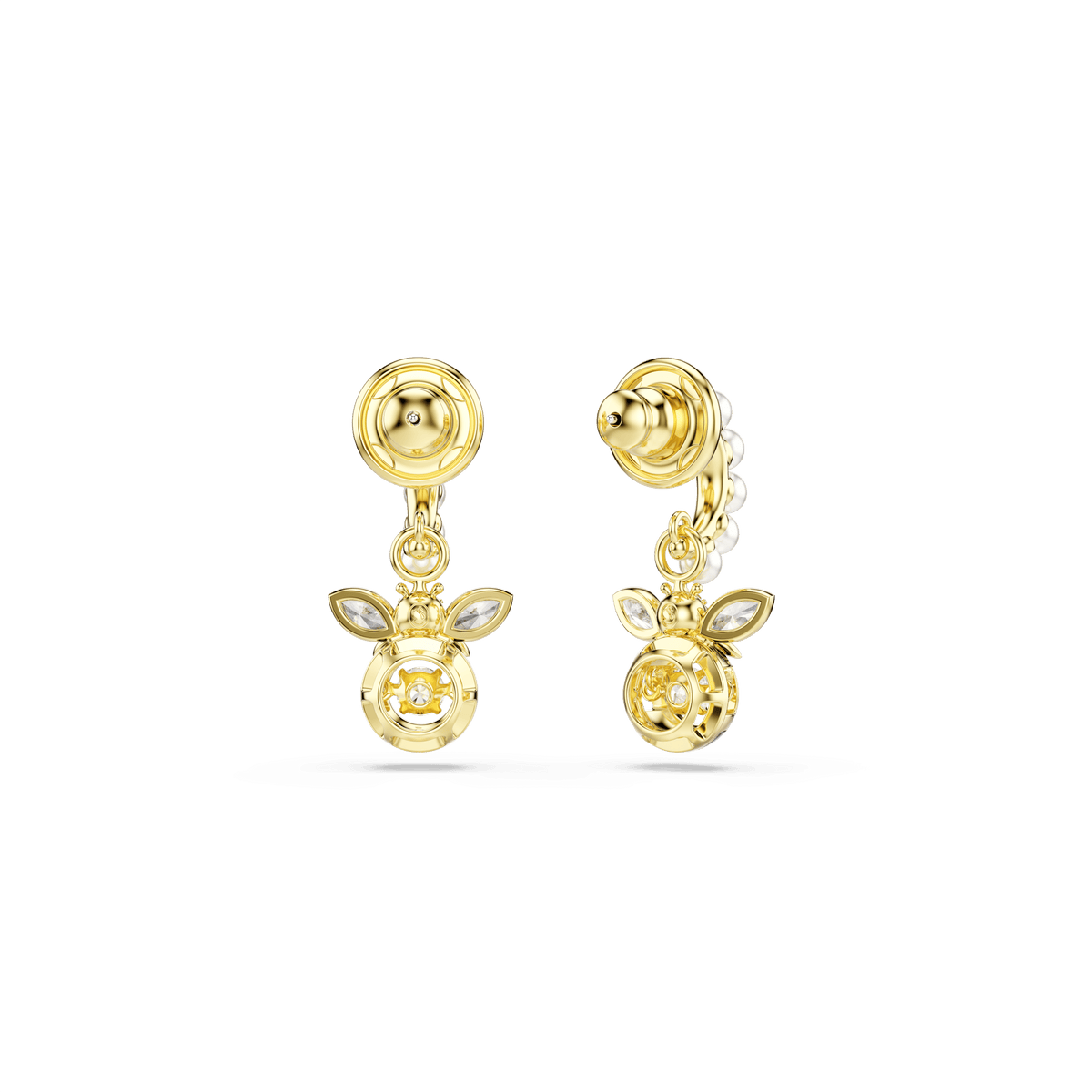 Idyllia drop earrings, Crystal pearl, Mixed cuts, Bee, Multicolored, 18K gold finish