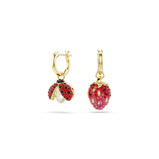 Idyllia drop earrings, Set (3), Ladybug, Clover, Strawberry, Multicolored, Gold-tone plated 5742681