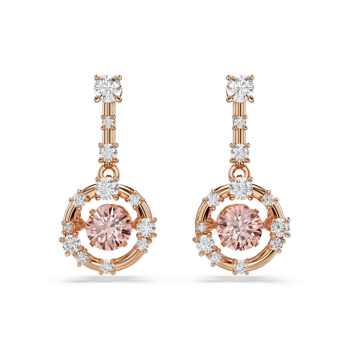 Constella drop earrings, Round cut, Dancing stone, Pink, 18K rose gold finish